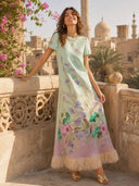 Pastel Floral Print Feather Trim Maxi Dress