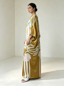 Elegant Floral Print Batwing Sleeve Satin Kaftan Maxi Dress