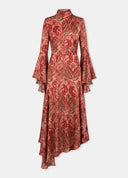 Elegant Paisley Print Flare Sleeve Asymmetric Maxi Dress
