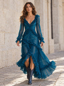Elegant Ruffle Deep V-Neck Sheer Sleeve Maxi Dress