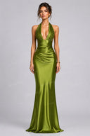 Serenity Olive Green Halter Ruched Satin Maxi Dress