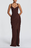 Ruched Spaghetti Strap Slit Maxi Dress
