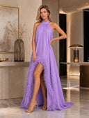 Elegant Halter Neck Sleeveless Feather Trim Satin Maxi Dress