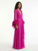 Elegant V-Neck Feather Cuff Flowing Chiffon Maxi Dress