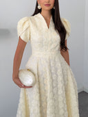 Elegant Floral Textured Puff Sleeve Midi Dress