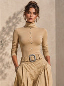 Casual Turtleneck Top & Belted Wide Leg Culotte Pants Set