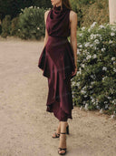 Elegant Satin High-Neck Top & Layered Ruffle Midi Skirt Set