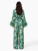 Exquisite Watercolor Print Feather Cuff Tie Shirt & Wide-Leg Pants Two-Piece Set