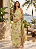 Elegant Botanical Print Sleeveless Midi Dress Two-Piece Set