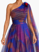 Elegant One-Shoulder Printed Tulle Cape Maxi Dress