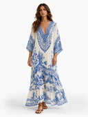 Refined Porcelain Print V-Neck Kaftan Maxi Dress