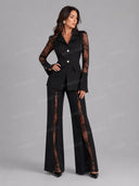 Tailored Lace Panel Blazer & Flare Pants Set