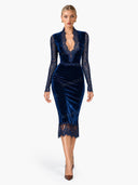Elegant Velvet Fitted V-Neck Lace Midi Dress