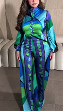 Exquisite Geometric Print Shirt & Wide-Leg Pants Two-Piece Set