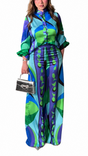 Exquisite Geometric Print Shirt & Wide-Leg Pants Two-Piece Set