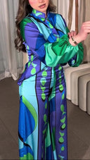 Exquisite Geometric Print Shirt & Wide-Leg Pants Two-Piece Set