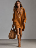 Retro Suede Lapel Embroidered Midi Dress