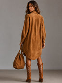 Retro Suede Lapel Embroidered Midi Dress