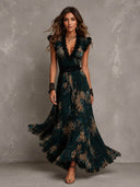 Elegant Floral Print Lace Trim Tiered Maxi Dress