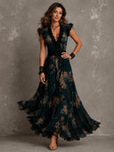Elegant Floral Print Lace Trim Tiered Maxi Dress