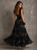 Elegant Floral Print Lace Trim Tiered Maxi Dress