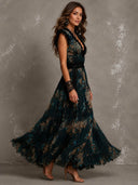 Elegant Floral Print Lace Trim Tiered Maxi Dress