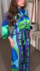 Exquisite Geometric Print Shirt & Wide-Leg Pants Two-Piece Set