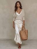 Elegant Knit V-Neck Sweater & Satin Slip Dress Two-Piece Set