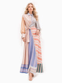 Multicolor Patchwork Stripe Long Sleeve Tie Maxi Shirt Dress