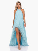 Elegant Halter Neck Sleeveless Feather Trim Satin Maxi Dress