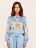 Exquisite Satin Horse Print Zip-Up Shirt