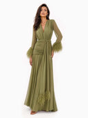 Elegant V-Neck Feather Cuff Flowing Chiffon Maxi Dress