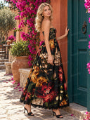Exquisite Strapless Lace-Trimmed Printed Pleated Midi Dress