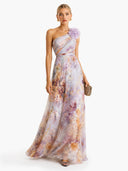 Elegant One-Shoulder Floral Print Chiffon Maxi Dress