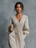 Casual Ruched V-Neck Waist-Tie Maxi Dress
