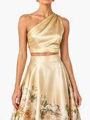 Elegant One-Shoulder Satin Crop Top & Floral Print Maxi Skirt Set