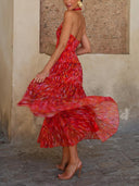 Elegant Halter Neck Abstract Print Tiered Maxi Dress