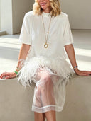 Elegant Feather Trim Top & Mesh Skirt Two-Piece Set