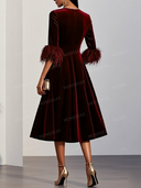 Elegant Velvet Feather Cuff Midi Dress