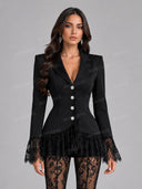 Elegant Lace Trim Blazer Top & Flared Lace Pants Two-Piece Set