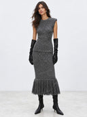 Structured Knit Top & Fringe Midi Skirt Two Piece Set