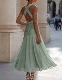 Elegant Halter Neck Ruched Flowing Party Midi Dress