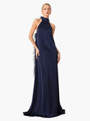 Elegant Satin Halter Feather-Trim Maxi Dress