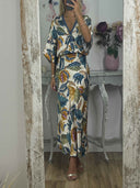 Retro Jungle Palm Leaf Satin Print Batwing Sleeve Shir