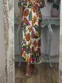 Retro Jungle Palm Leaf Satin Print Batwing Sleeve Shir