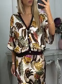Retro Jungle Palm Leaf Satin Print Batwing Sleeve Shir