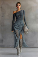 Off-Shoulder Pleated Maxi Dress
