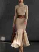 Elegant Asymmetrical Ruffled Knit Midi Dress