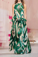 Exquisite Ruffled Print Satin Loose Maxi Dress
