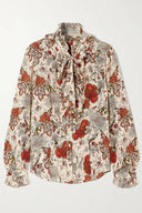 Unique Pussy-Bow Floral-Print Satin Blouse